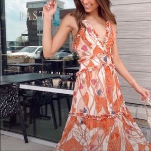 Orange Midi Dress Low Back Spaghetti Straps Orange Printed Dress